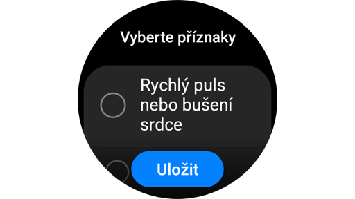Přidání a uložení příznaků EKG na Galaxy Watch.