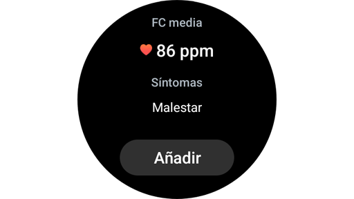 Opción para agregar síntomas de ECG en un Galaxy Watch.