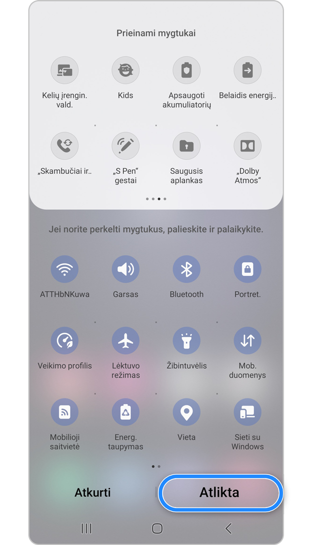 Taupiojo režimo aktyvavimas per sparčiųjų nustatymų skydelį. 3 žingsnis.