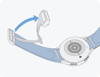 Obrázok otvárania magnetickej pracky na hodinkách Galaxy Watch.