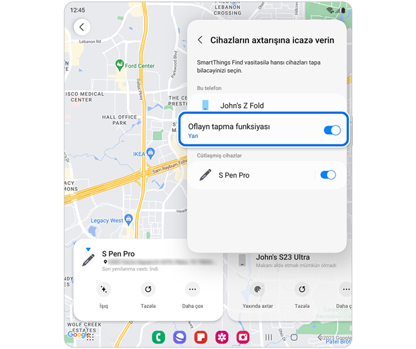 Parametrlər seçimi ilə Samsung cihazının yerlərinin xəritəsi.