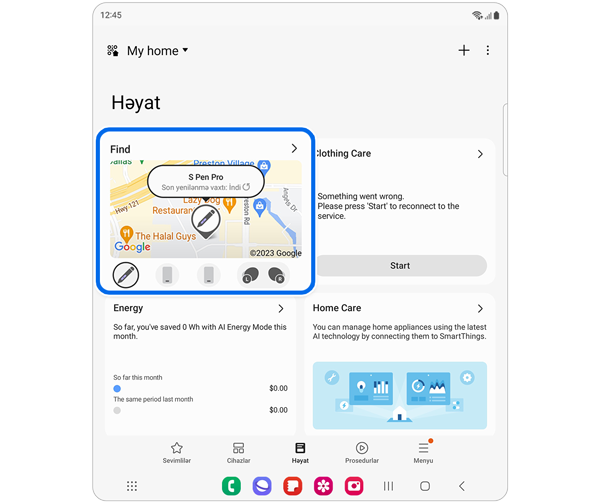 Find kartı seçilmiş SmartThings Həyat səhifəsi.