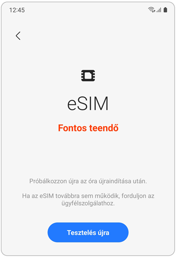 Galaxis eSIM-hiba képernyője.