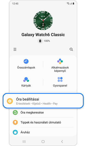 Galaxy Watch kezdőképernyője.