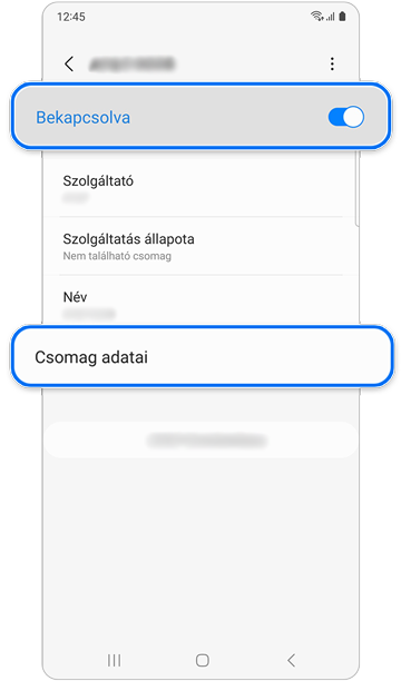 Mobilcsomag ellenőrzési képernyője.