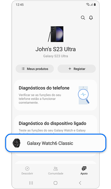 Ecrã de Apoio da aplicação Samsung Members.