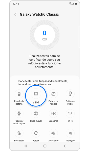 Lista de ícones de testes de diagnóstico.