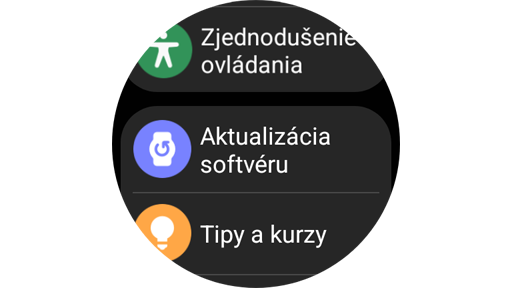Obrazovka Aktualizácie softvéru na hodinkách Galaxy Watch