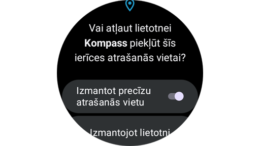 Atrašanās vietas iestatījumi Samsung lietotnē Kompass.