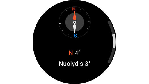 „Samsung“ kompaso programėlė, kurioje rodomas nuolydis laipsniais.