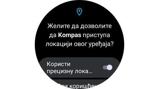 Podešavanja lokacije u aplikaciji Samsung Kompas.
