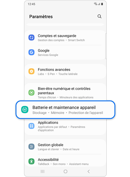 Sélectionner Batterie et maintenance de l'appareil dans le menu des paramètres