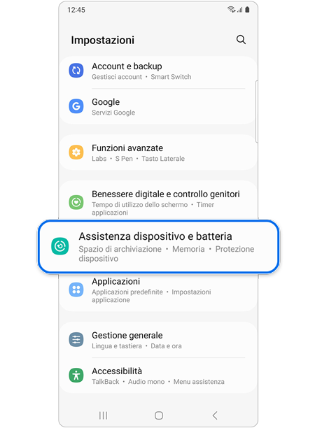 Selezione di Assistenza dispositivo e batteria in Impostazioni