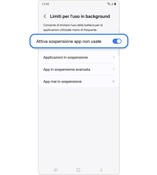 Attivazione della funzione "Attiva sospensione app non utilizzate".