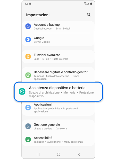 Selezione di Assistenza dispositivo e batteria in Impostazioni