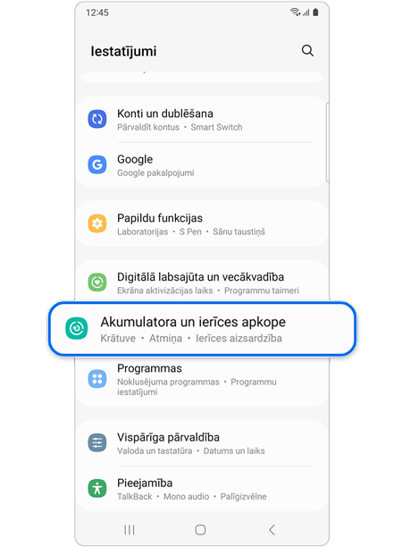 Ierīces apkopes atlasīšana iestatījumu sadaļā