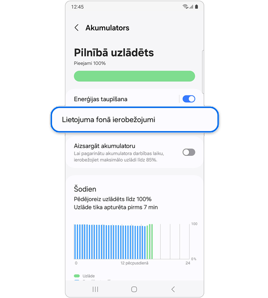 Fona lietojuma ierobežojumu atlasīšana.
