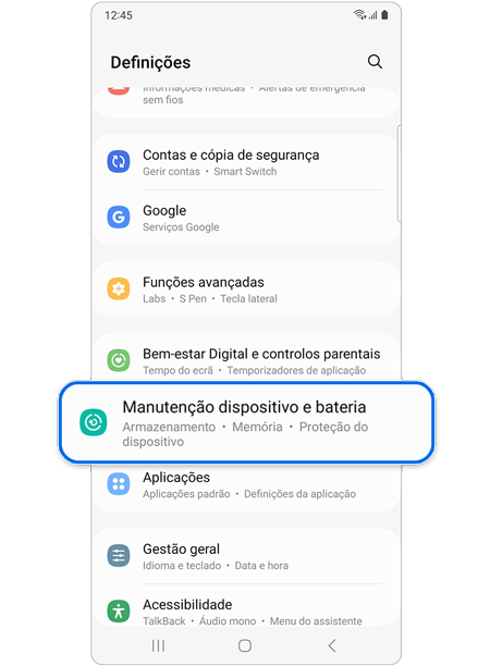 Selecionar Manutenção dispositivo e bateria em Definições