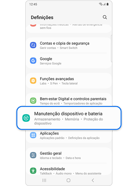 Selecionar Manutenção dispositivo e bateria em Definições