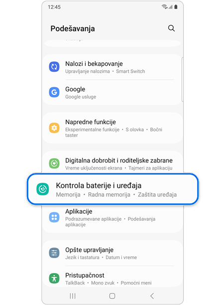 Izbor Kontrola baterije i uređaja pod Podešavanja
