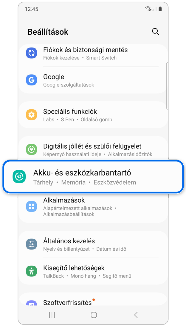 Eszközkarbantartó alkalmazás a Beállításokban.