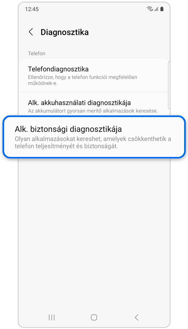 Alk. biztonsági diagnosztikája opció a Diagnosztika menüpontban
