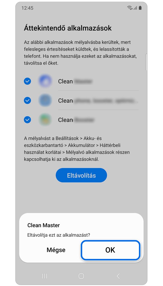 Az Alkalmazás törlésének megerősítése felugró ablak.