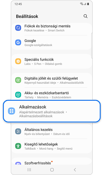 Alkalmazások menüpont a Beállításokban.