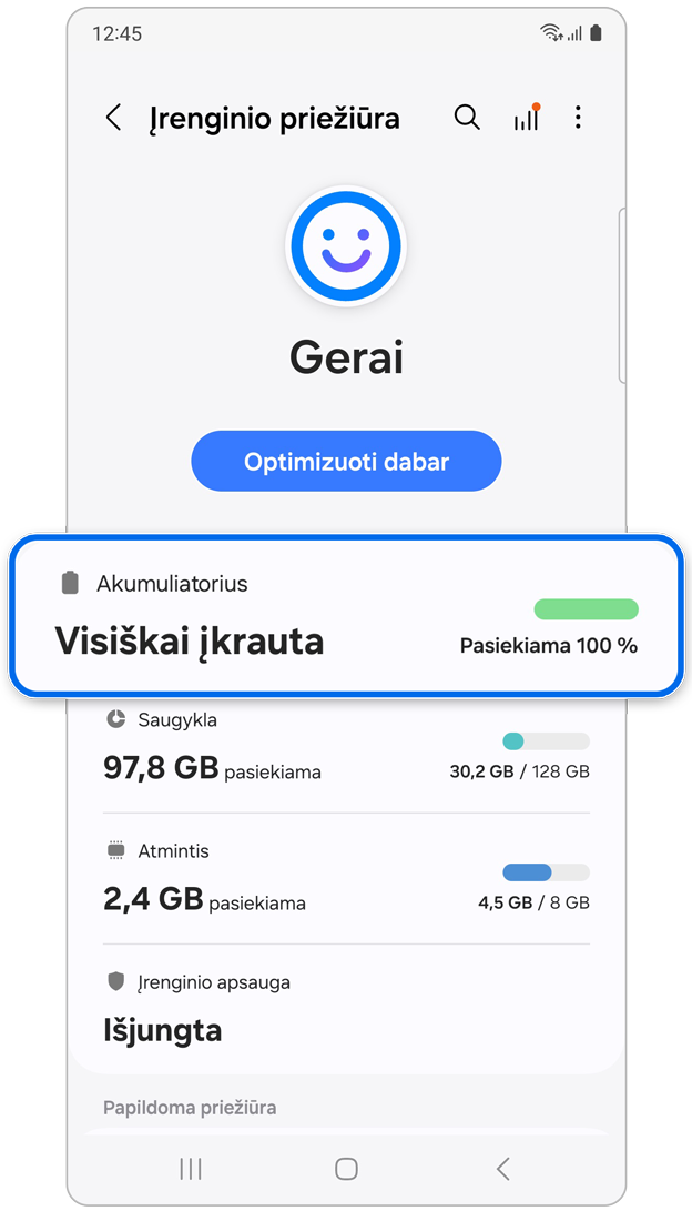 Meniu „Įrenginio priežiūra“, parinktis „Akumuliatorius“