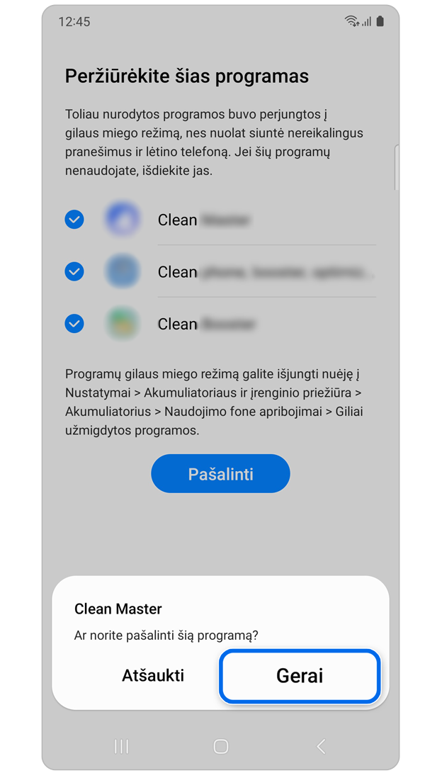 Iškylantysis langas, kuriame patvirtinamas programėlės ištrynimas.