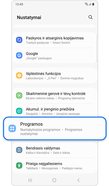 Nustatymų parinktis „Programos“.