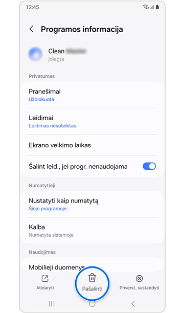 Išdiegimo mygtukas meniu „Programos informacija“.