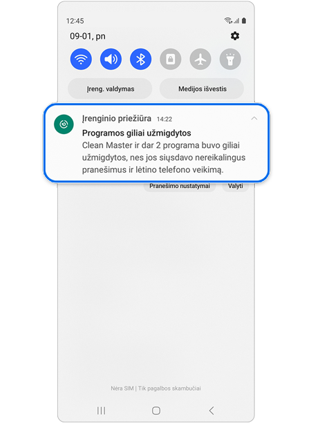 Įrenginio priežiūros pranešimo iškylantysis langas