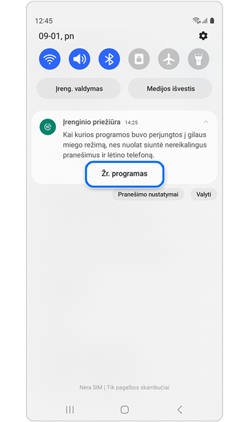 Įrenginio priežiūros pranešimo iškylantysis langas