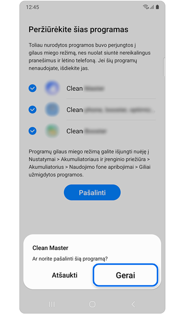 Iškylantysis langas, kuriame patvirtinamas programėlės ištrynimas.