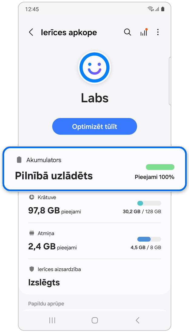 Akumulatora opcija Ierīces apkopes sadaļā.