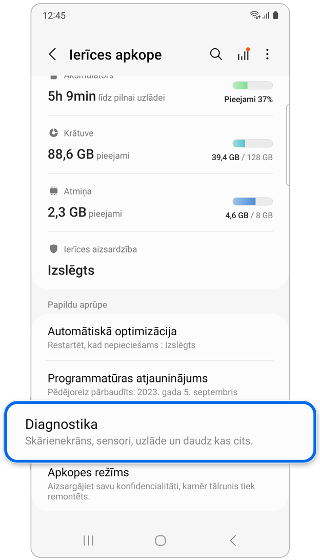 Diagnostikas opcija Ierīces apkopes sadaļā.
