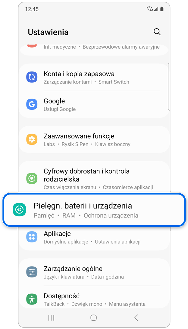 Opcja Pielęgnacja urządzenia w Ustawieniach.