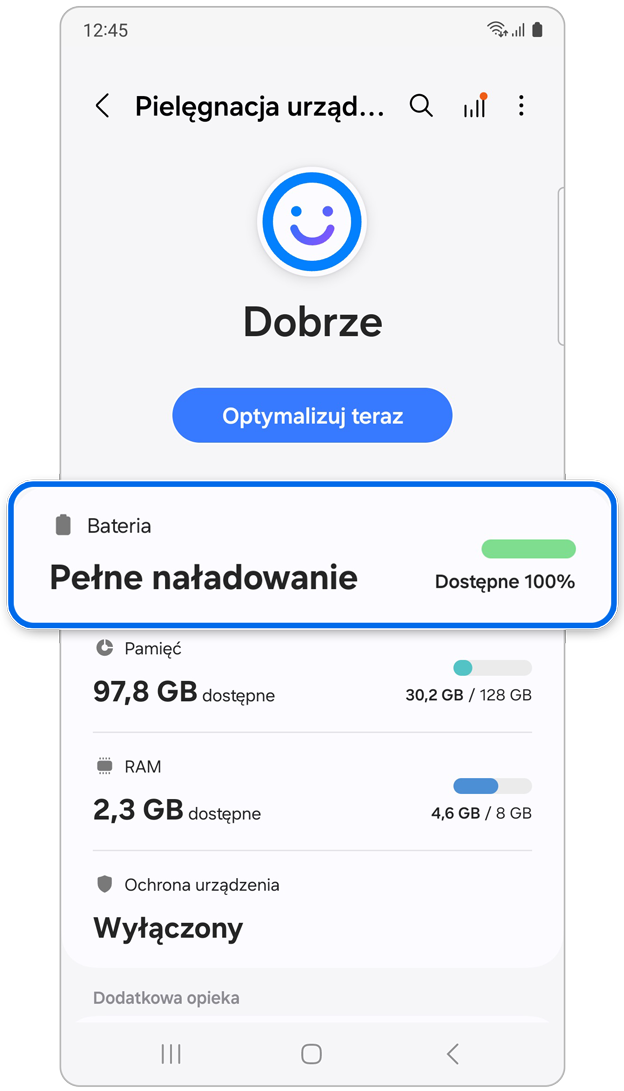 Opcja baterii w funkcji Pielęgnacja urządzenia.