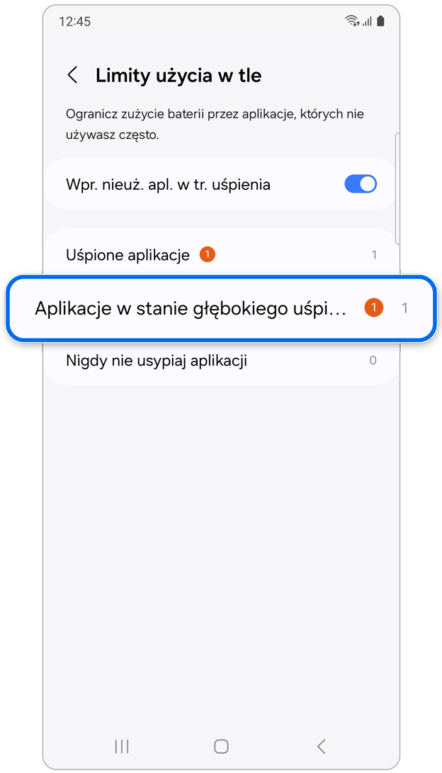 Opcja Uśpione aplikacje pod Limity użycia w tle.