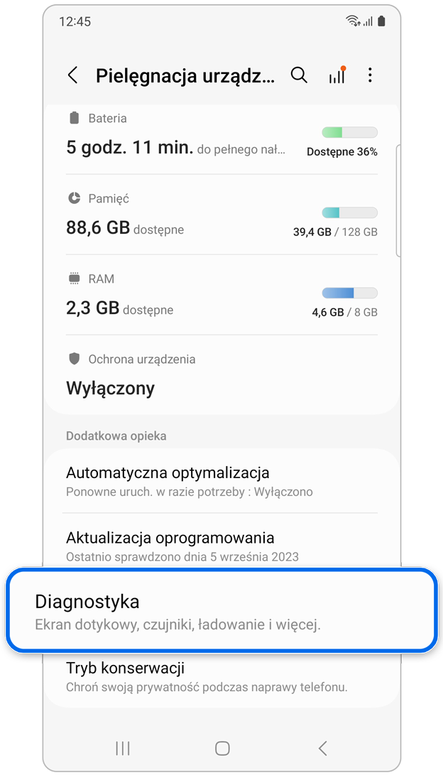 Opcja Diagnostyka pod Pielęgnacja urządzenia.