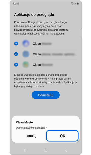 Wyskakujące okno potwierdzające usunięcie aplikacji.