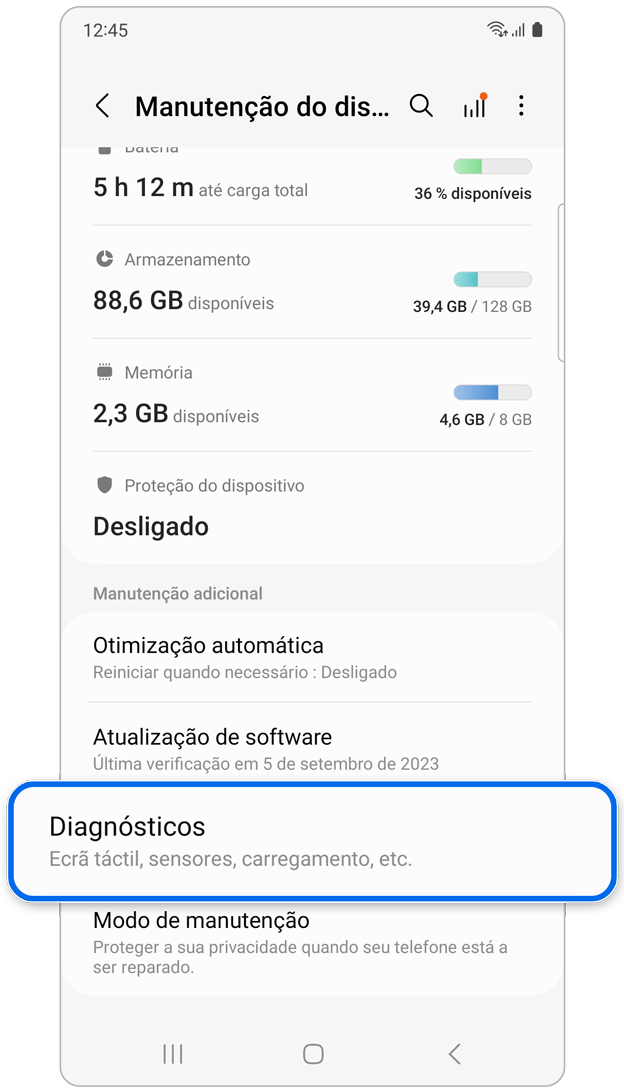 Opção Diagnósticos em Manutenção do dispositivo.