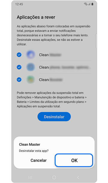 Pop-up de confirmação de desinstalação de aplicação.