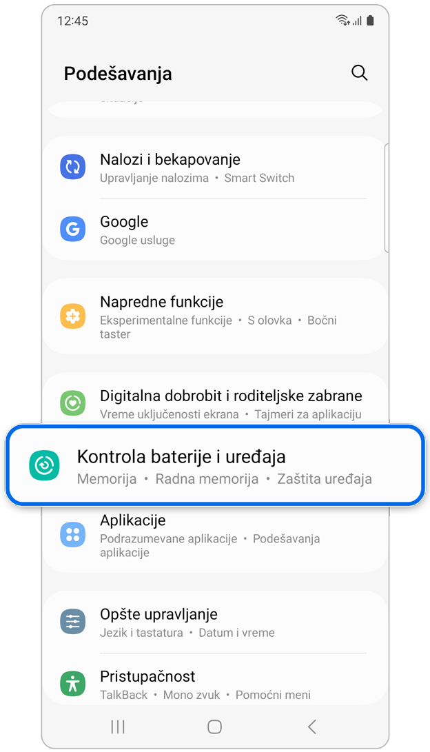 Aplikacija Kontrola uređaja pod Podešavanja.