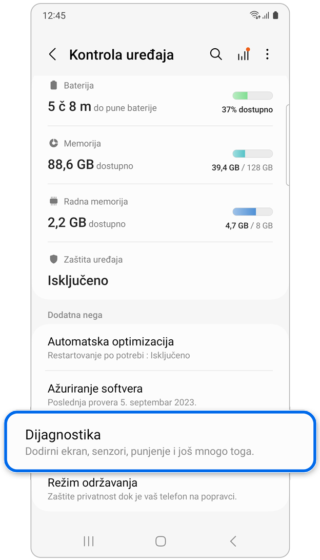Opcija Dijagnostika pod Kontrola uređaja
