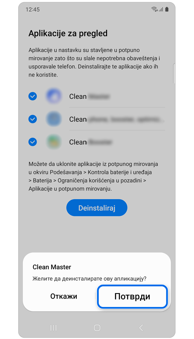 Iskačuća potvrda brisanja aplikacije.