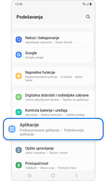 Opcija Aplikacijepod Podešavanja