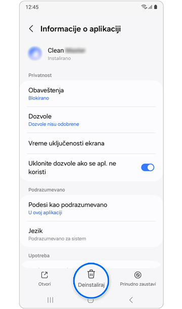 Dugme Denistaliraj pod Informacije o aplikaciji.