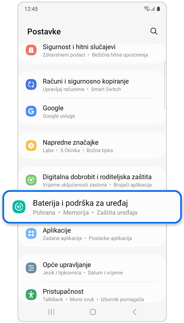 Podrška za uređaj pod Postavke.